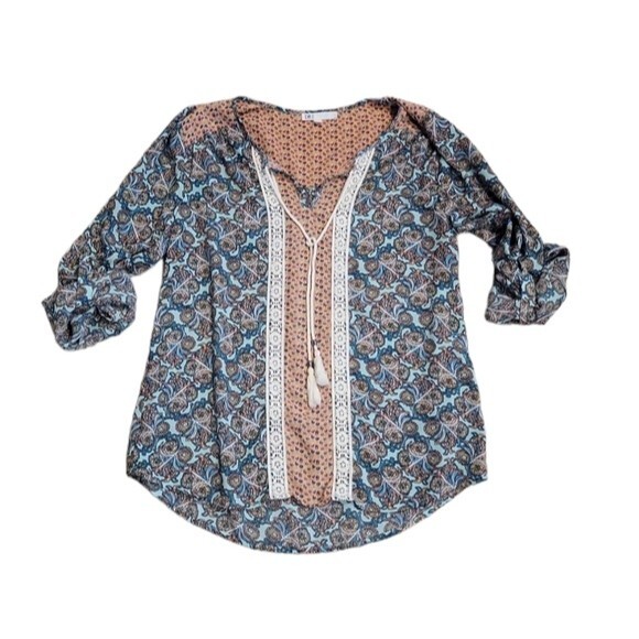 DR2 Women's blue pink patterned boho blouse Size S roll sleeve tassels - Picture 2 of 9